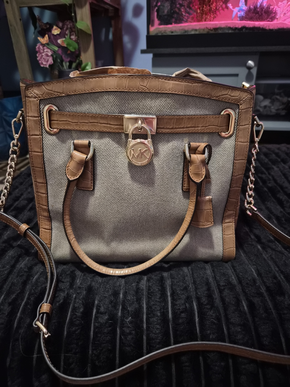 MICHAEL KORS Hamilton EW Satchel Signature Canvas & Croc Embossed